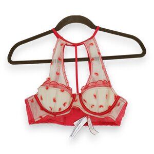 NWT Victorias Secret Collared Bra Top Size 34B ~ Cherry Hearts Pattern Red Beige
